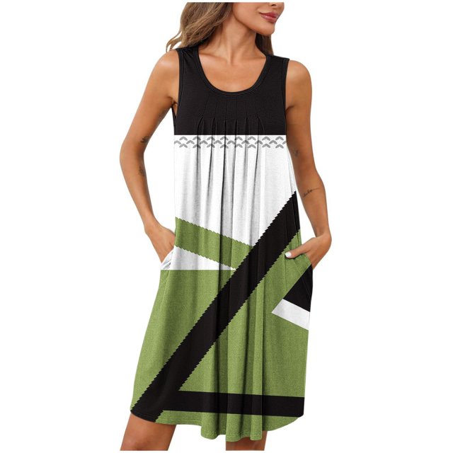 Ovzne Robes pour Femmes Robe pour Femme Imprimé avec Poches Chemises de Nuit Sans Manches Vêtements de Nuit Plissée devant Chemise de Nuit Col Rond Robe pour Femmes Imprimée Liquidation