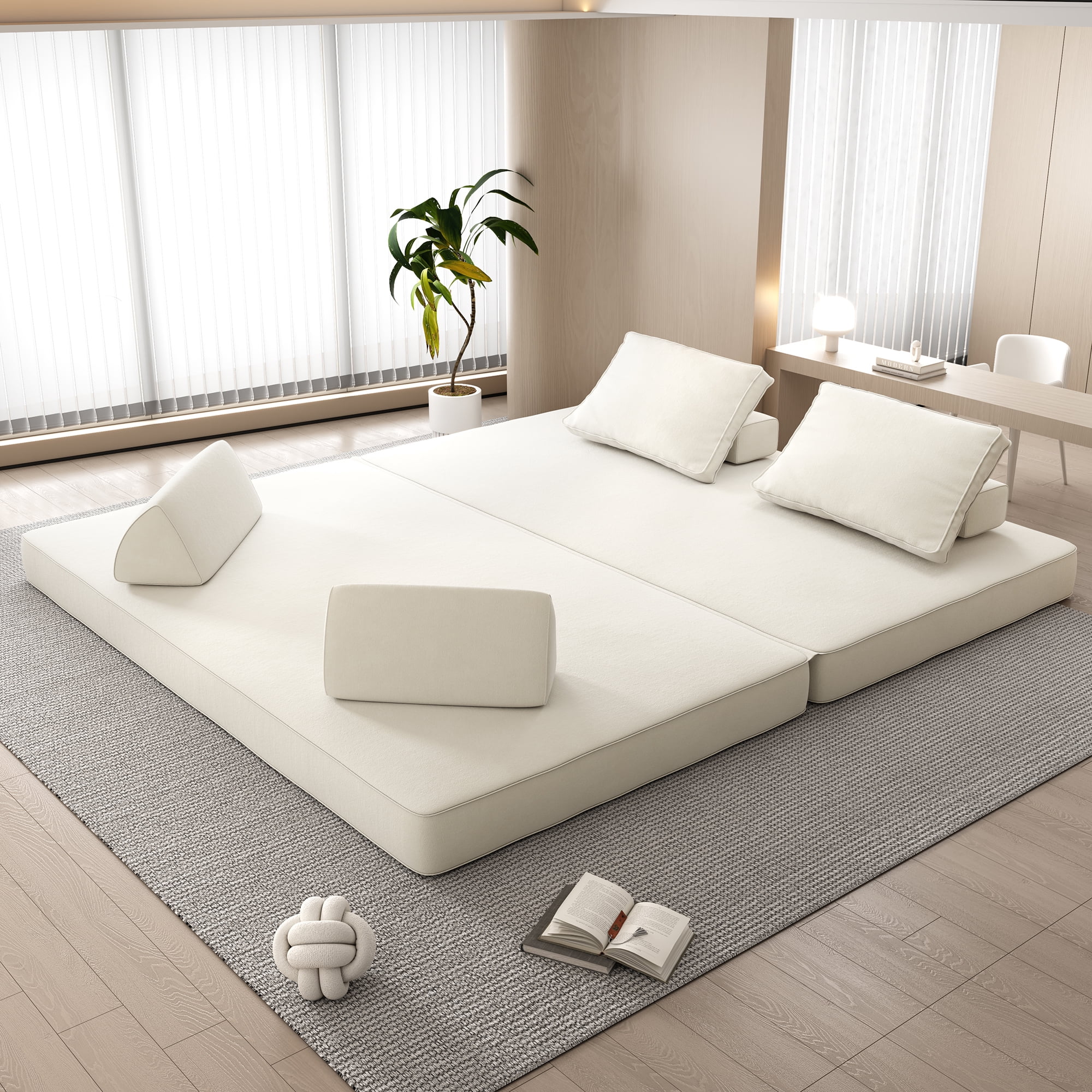 Miniyam Convertible Modular Floor Sofa Bed, Chenille Floor Couch with Backrest for Living Room, Beige