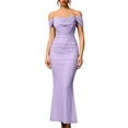 thumbnail image 2 of Off the Shoulder Maxi Long Dress Corset Ruched Bodycon Formal Wedding Guest Dresses for Women Light Purple M, 2 of 8