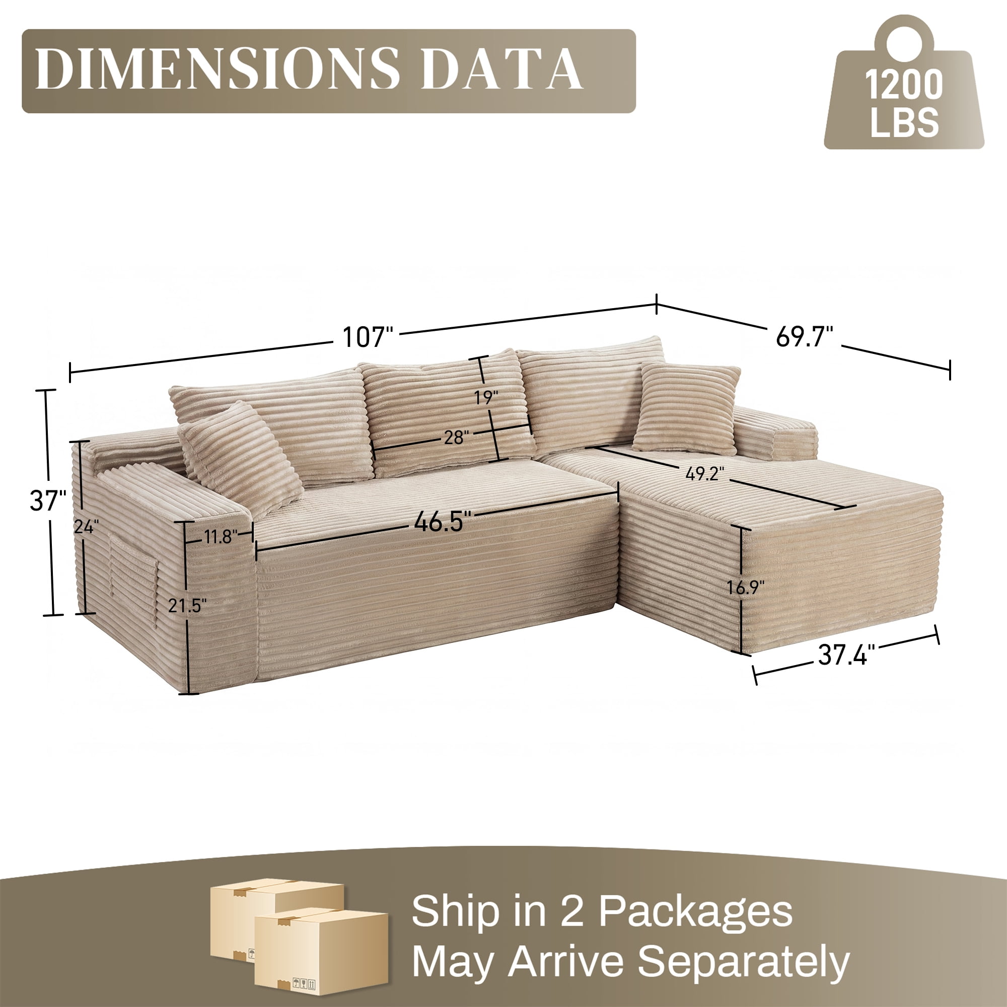 Aukfa 107" Cloud Modular Sectional Couch with Right-Facing Chaise, Corduroy Deep Seat Boneless Sofa for Living Room, Apartment, Camel