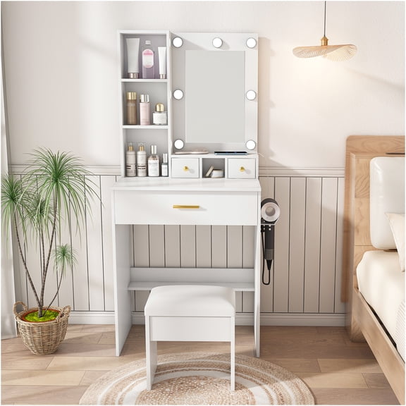JERFIT White Vanity Table with LED Lights, Power Outlet, 3 Drawers & Stool, Compact Makeup Dressing Desk for Bedroom