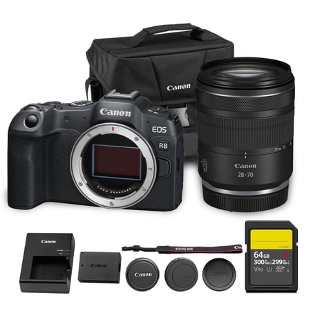 Canon EOS R8 Mirrorless Camera | 24.2MP Full Frame Sensor 4K 60p Video | Compact Lightweight Hybrid Camera for Travel and Content (5803C002) + Canon RF 28-70mm Lens + 64GB Card + Bag