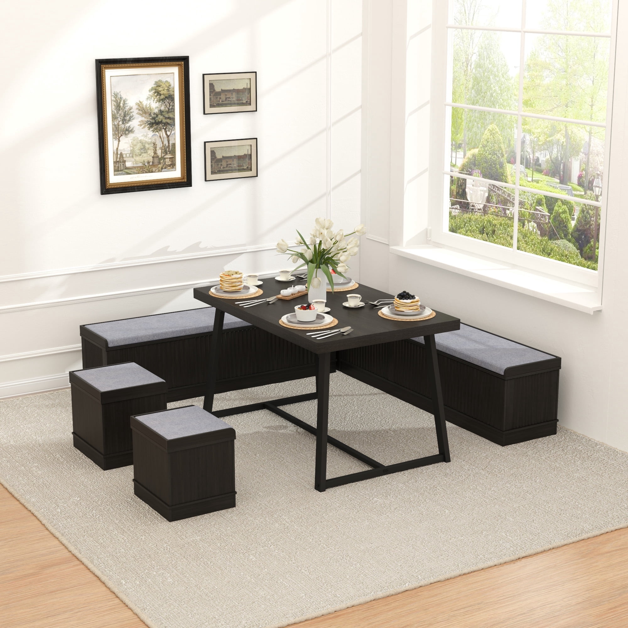 Brafabhome 6 PCS Dining Table Set with Storage Bench, Modern Corner Breakfast Nook with Cushions Stool for 6, Suitable for Kitchen and Dining Room | Rustic Brown