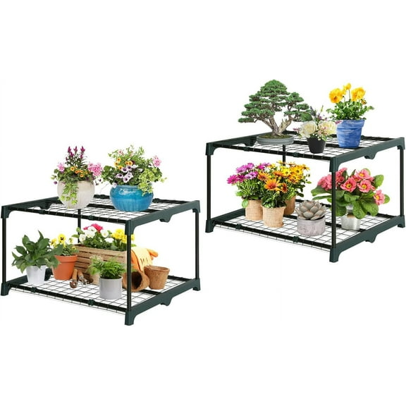 Hyxoo Greenhouse Shelving Staging Double 2 Tier, Outdoor / Indoor Plant Shelves, 27"x19"x16", Green