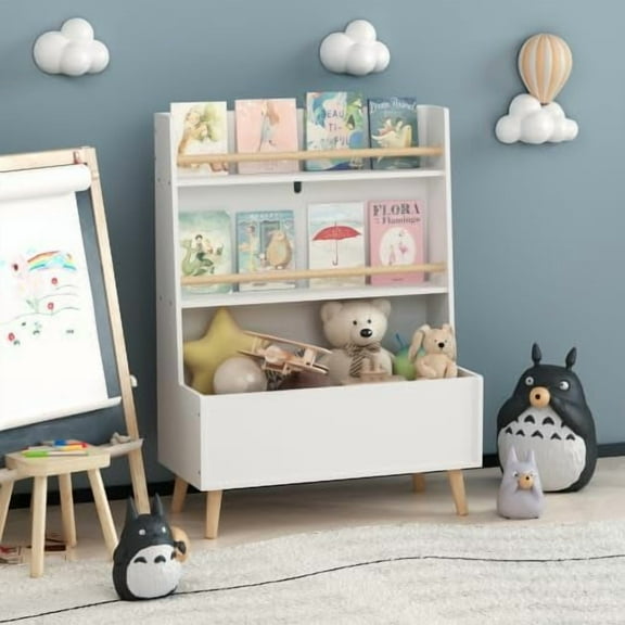 3 Tier Kids Bookshelf and Toy Storage, Children's Bookshelf and Bookcase with Solid Wood Legs Books & Toys Storage Cabinet Organizer for Nursery Playroom Bedroom, White
