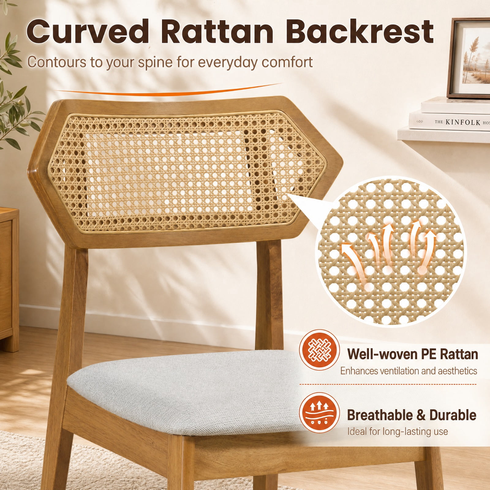 Furnibear Mid Century Rattan Dining Chairs Set of 2 with Woven Back and Solid Wood Frame for Kitchen and Dining Room Seating, Natural