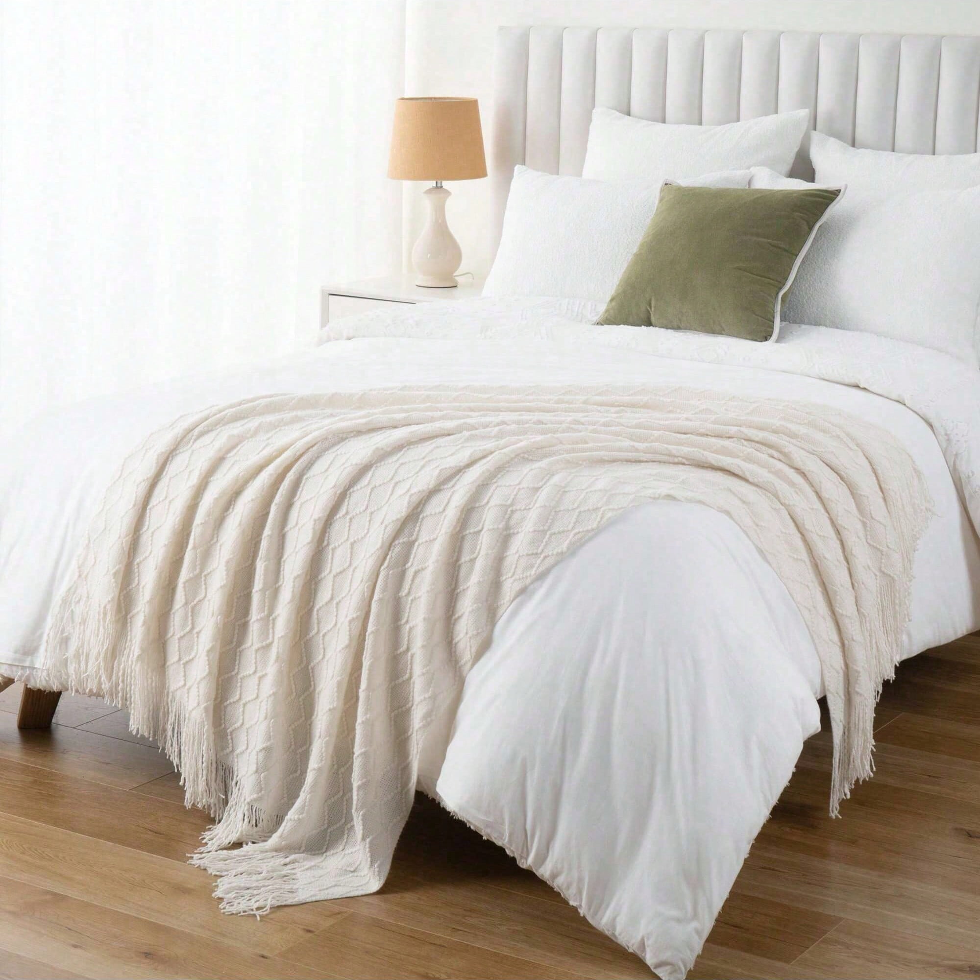 Battilo Ivory White Knitted Throw Blanket, Boho Decorative Throws,Lightweight Knit Blanket for Sofa,50"x60"