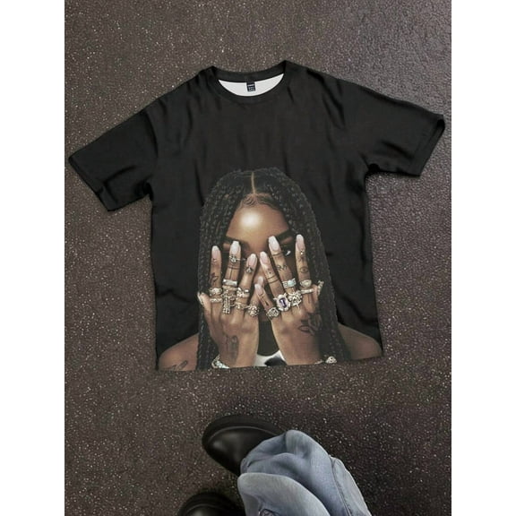 Casual Simple Hip-Hop Fingerprint & Portrait Print Loose Round Neck Short Sleeve T-Shirt  | Three colors  S-5XL SIZE