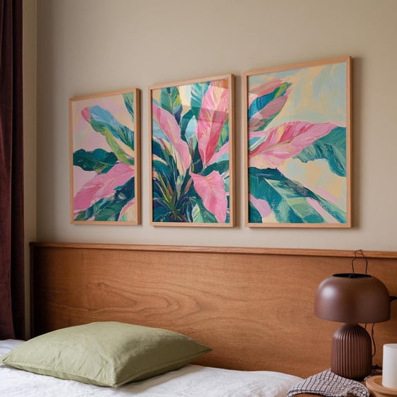 Pink Leaves Wall Art Print Tropical Coastal Decor Set 3 Unframed Paper Print 8x12