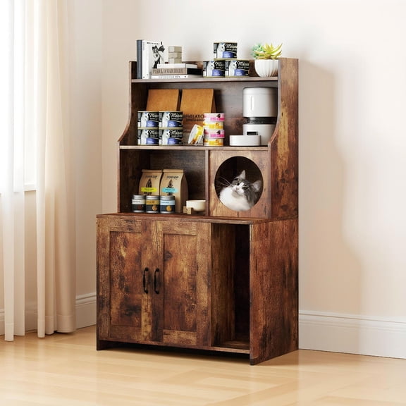 Yardi Yarda Modern Wooden Industrial Cat Litter Box Enclosure with Storage Shelves, Cat House, Cat Condos for Indoor Cats, Pet Furniture-Brown