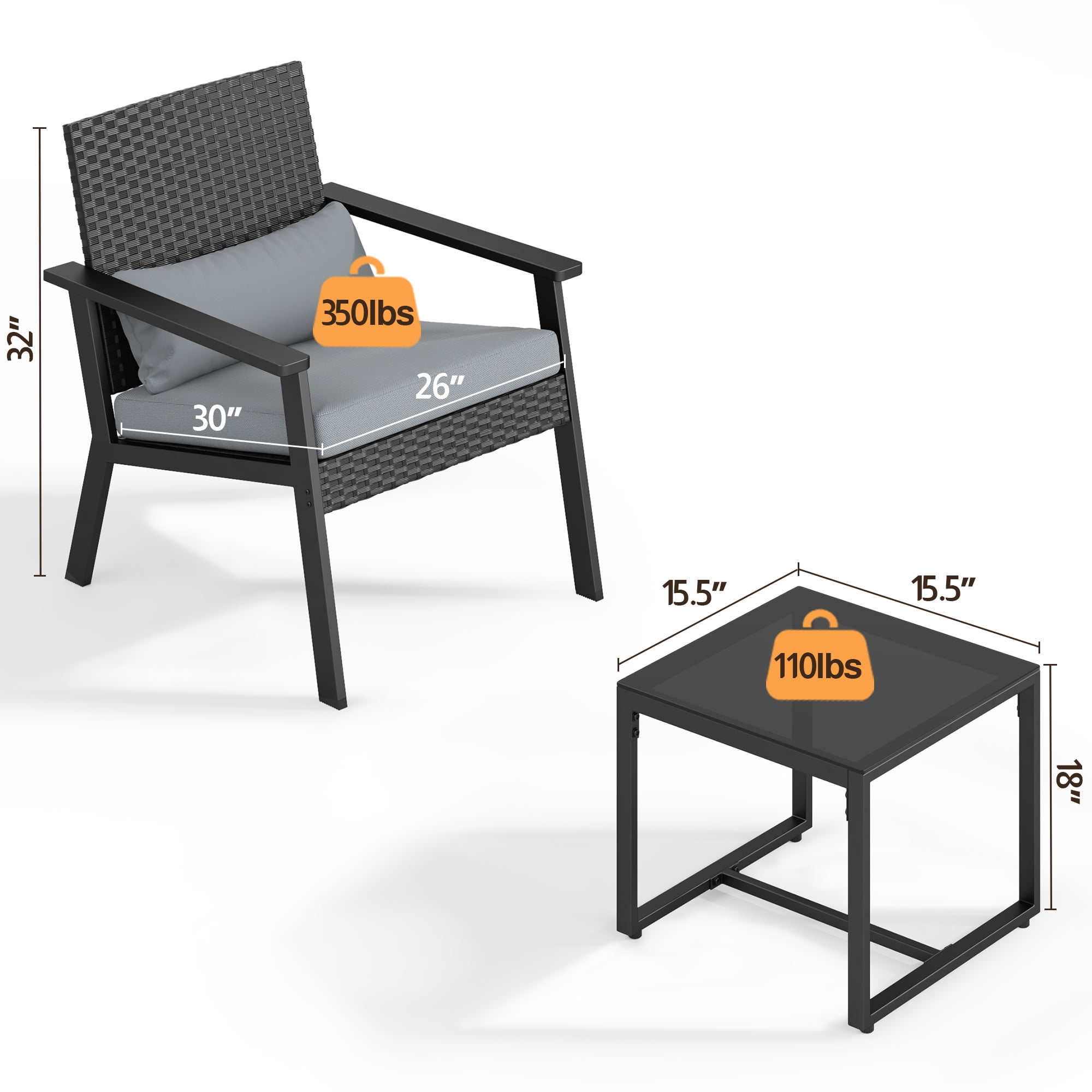 Outdoor Leisure Wicker Furnishing Pack Equipped with Clear Glass Table for Courtyard, Balcony and Entry Porch, Gray