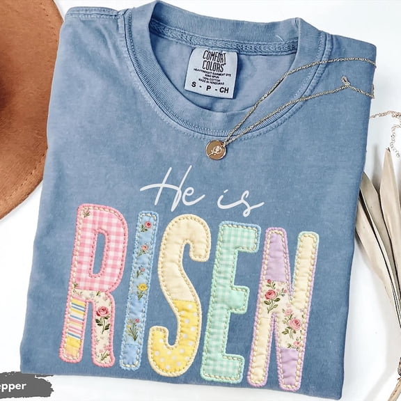 Faux Patchwork He Is Risen Shirt: Retro Quilted Christian Easter Tee
