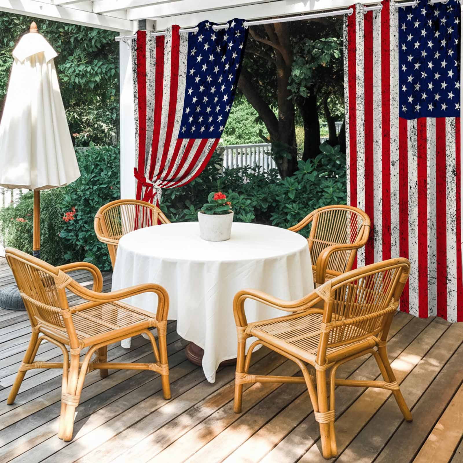 Independence Day Outdoor Curtains for Patio, American Flag Star Red Stripes Vintage Sunshade Privacy Drapes Grommet Waterproof Outside Curtains for Porch/Cabana/Balcony 54"x 108", 1 Panel