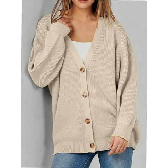 Women's Long Sleeve V-Neck Button Down Cardigan Chunky Oversized Knit Open Front Trendy Sweater Outerwear