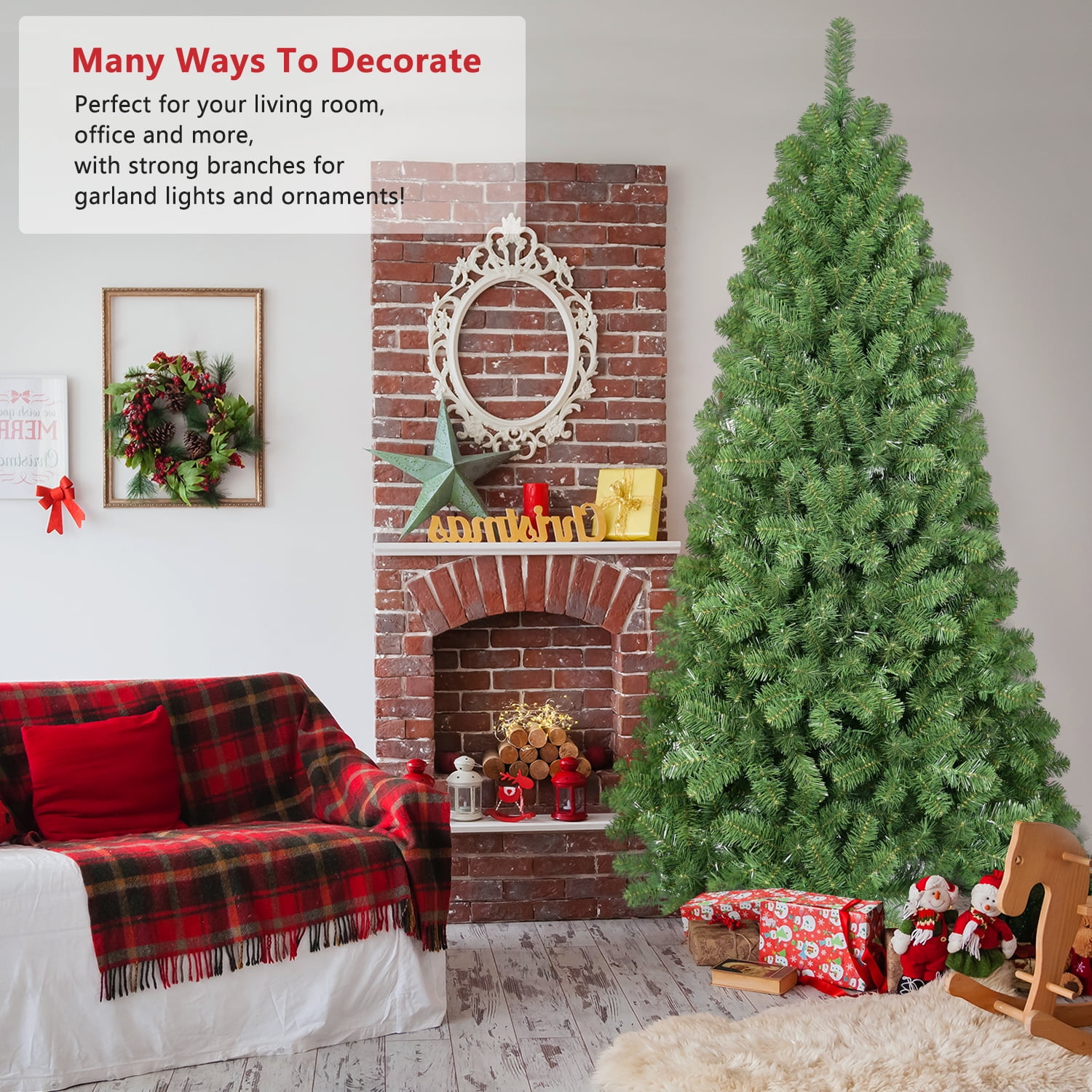 Euroco 9ft Christmas Tree with Memory Wire, 1910 Tips Hinged Artificial PVC Tree, Easy Setup Green Xmas Tree for Indoor Holiday Decoration
