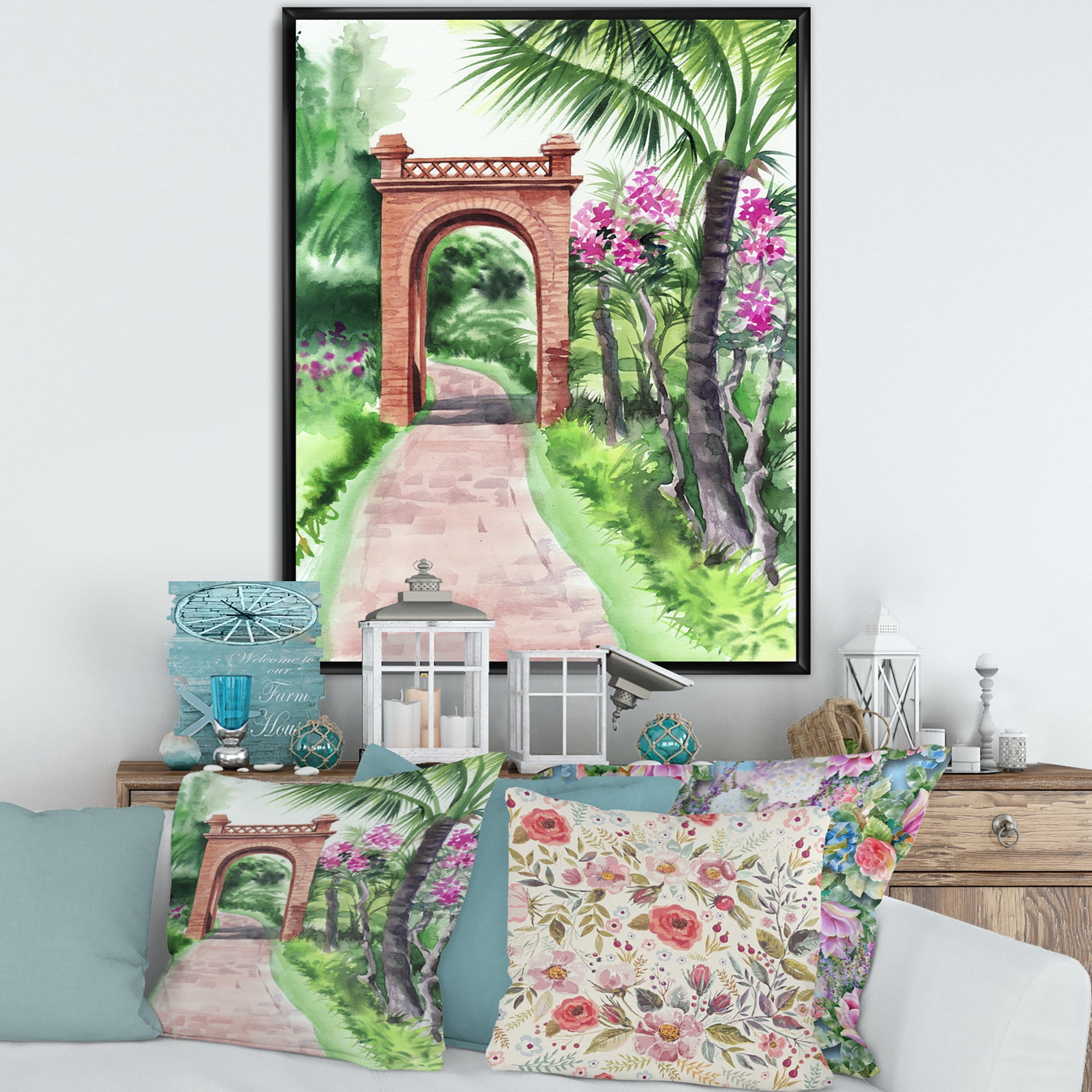 Designart 'Traditional Gate On Path In Tropical Oasis' Tropical Framed Canvas Wall Art Print