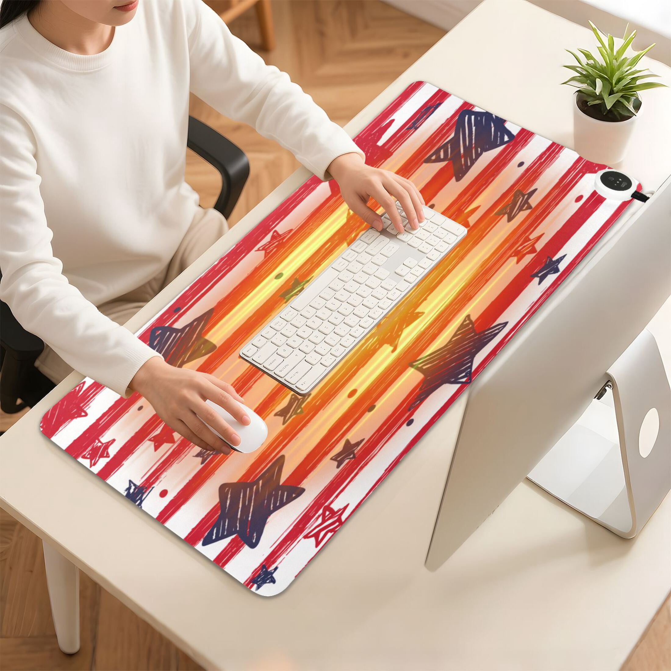 Large Heated Desk Mat Mouse Pad 31.5"x13"PU Leather Graphene Heating Desk Warmer with 3 Temperature Settings 110V US Plug Non-Slip Warm Pad for Home, Office, and Gaming Doodle Star Stripe Seamless