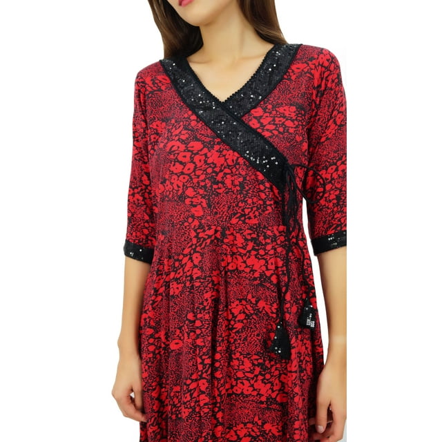 Phagun Robe Kurta Style Angrakha Rouge Ligne A pour Femmes Tunique Évasée-14