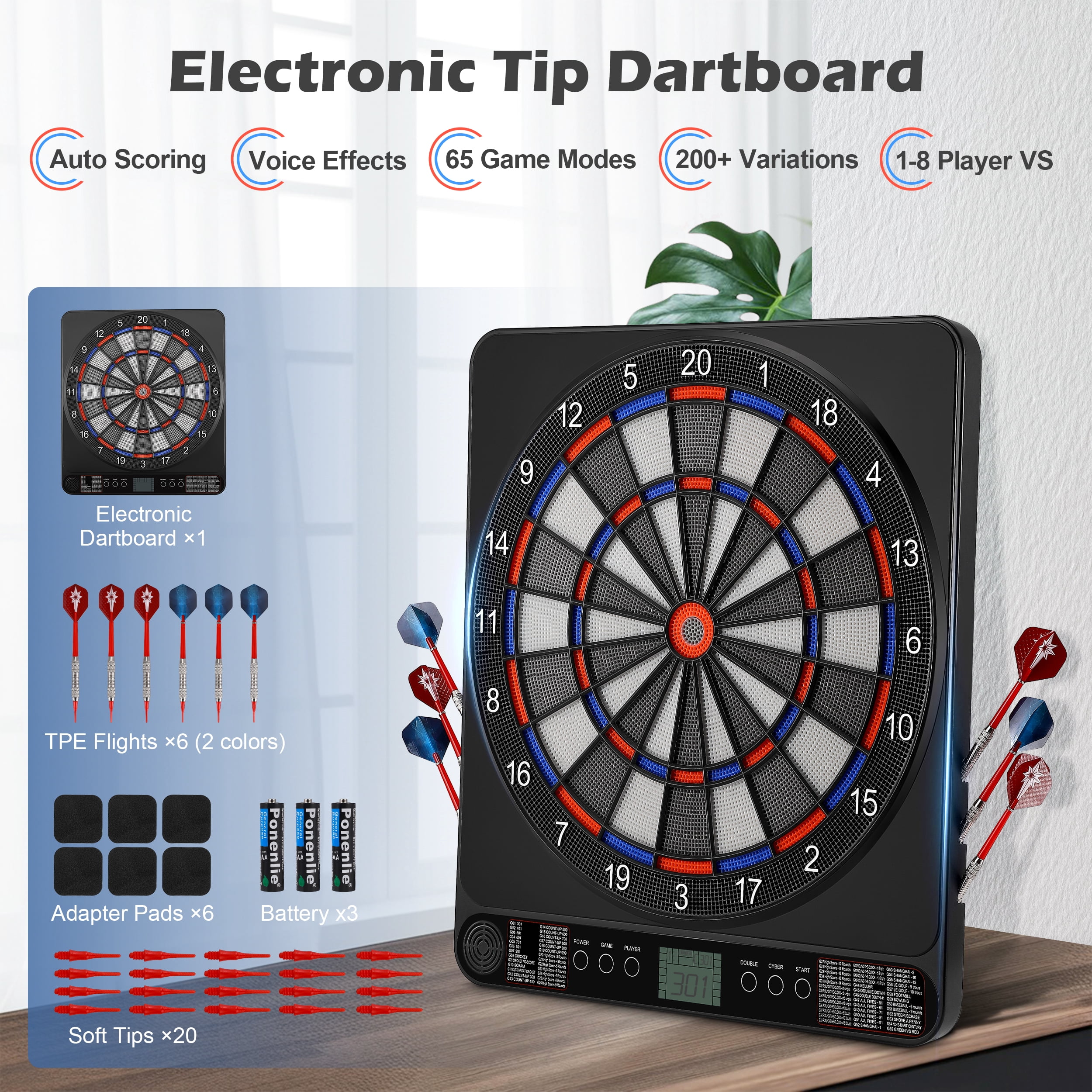 AMTPM Electronic Dart Board, Dart Board Electronic Scoreboard for 8 Players, 6 Darts Plastic Tips, Dartboard Set 65 Games, 200+ Variants Digital Electric Dart Boards, Battery