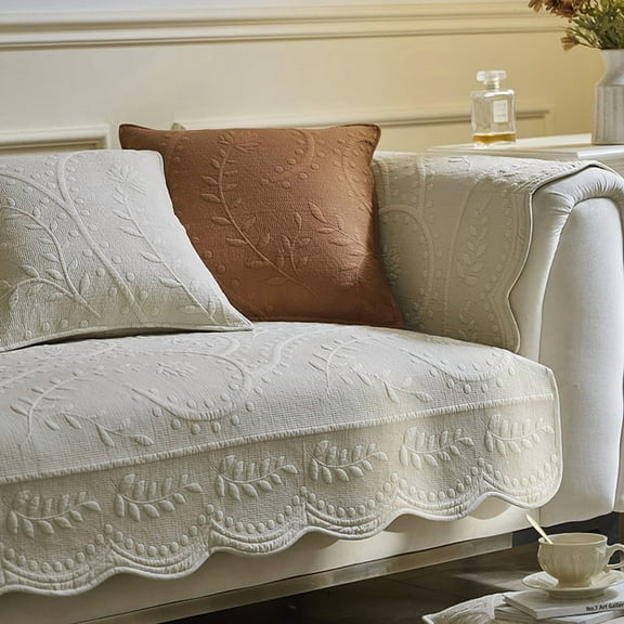 XmhyTop-A Cotton Couch Cover 90*90cm Beige Quilted Sofa Cover, Non Slip Sofa Slipcover with Floral Embroidery, 1 Piece Sofa Slipcovers