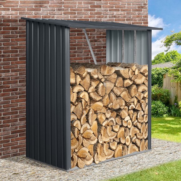 Outdoor Steel Firewood Rack, 3ft x 5ft Weather Resistant Open Wood Shed with Sloped Roof for Firewood, Pellet, or Lumber Storage, Black