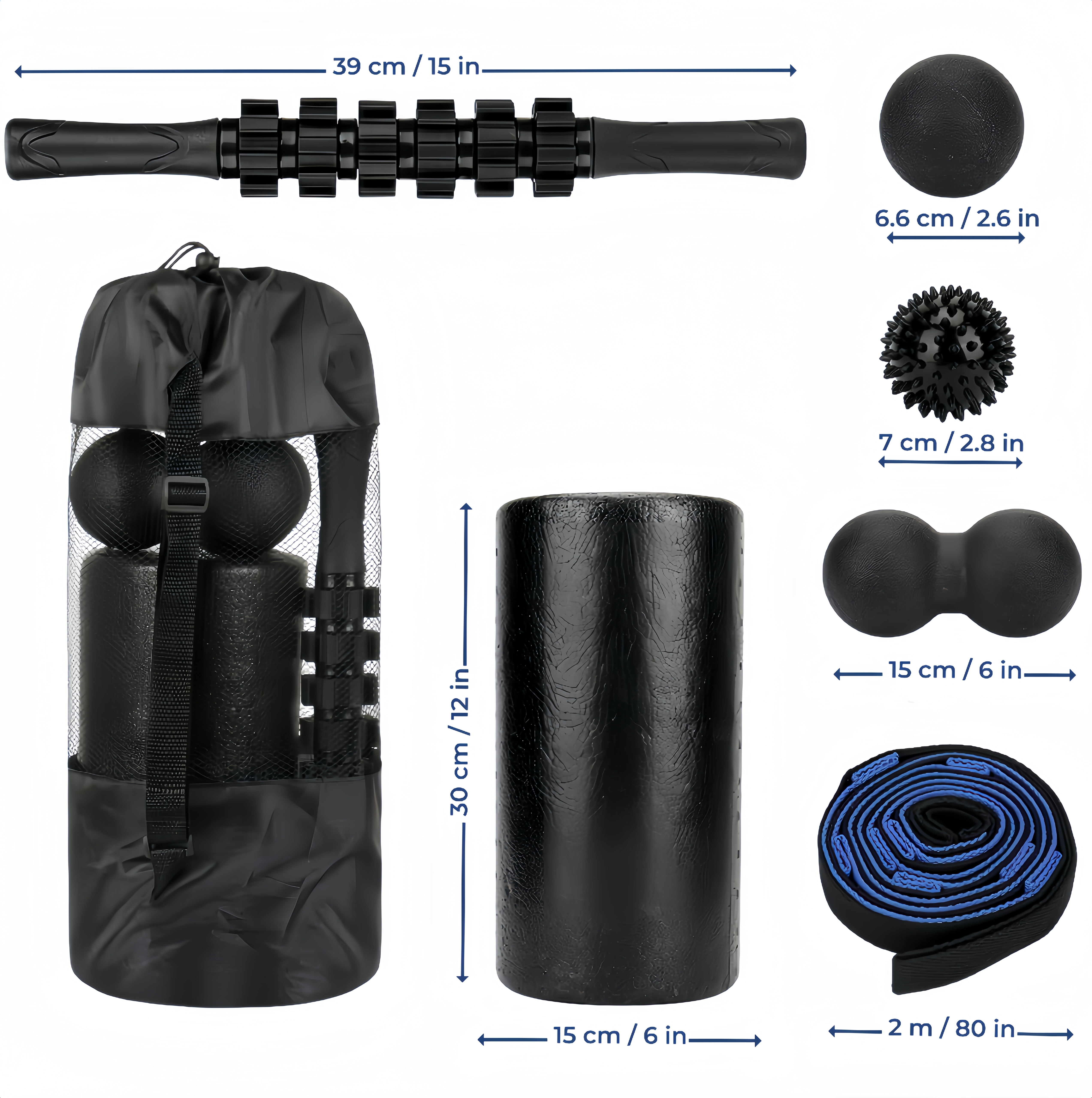 7-in-1 Black Foam Roller Set, for Muscle Recovery - Foam Roller, Massage Stick, 3 Muscle Massage Ball, Stretching Strap & Storage bag, Deep Tissue Trigger Point Therapy Kit for Back Pain, Sore Muscle