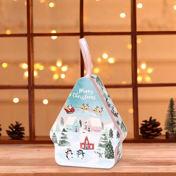 Christmas Themed Portable Candy Reusable Food Storage Container – Tinplate, Holiday Party/Cookie Exchange, Festive Decorative (D)