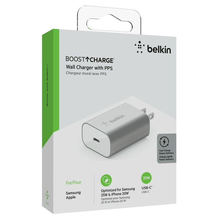Belkin 25-Watt USB-C Wall Charger, Power Delivery PPS Fast Charging for  Apple iPhone 15, 15 Pro, 15 Pro Max, 14, 14 Pro, Galaxy S23 Ultra, iPad,  AirPods & More - Silver 