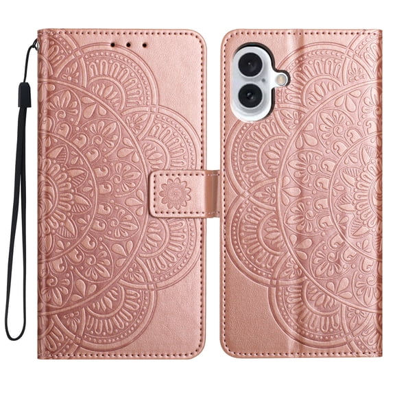 Fashion Flower Embossed Wallet Flip Case for iPhone 16e/17e, Floral Pattern PU Leather Card Slots Detachable Wrist Strap, Built-in Kickstand, Full-Body Protective Phone Cover, Rosegold