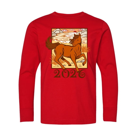 Inktastic 2026 Chinese New Year Horse Long Sleeve Youth T-Shirt