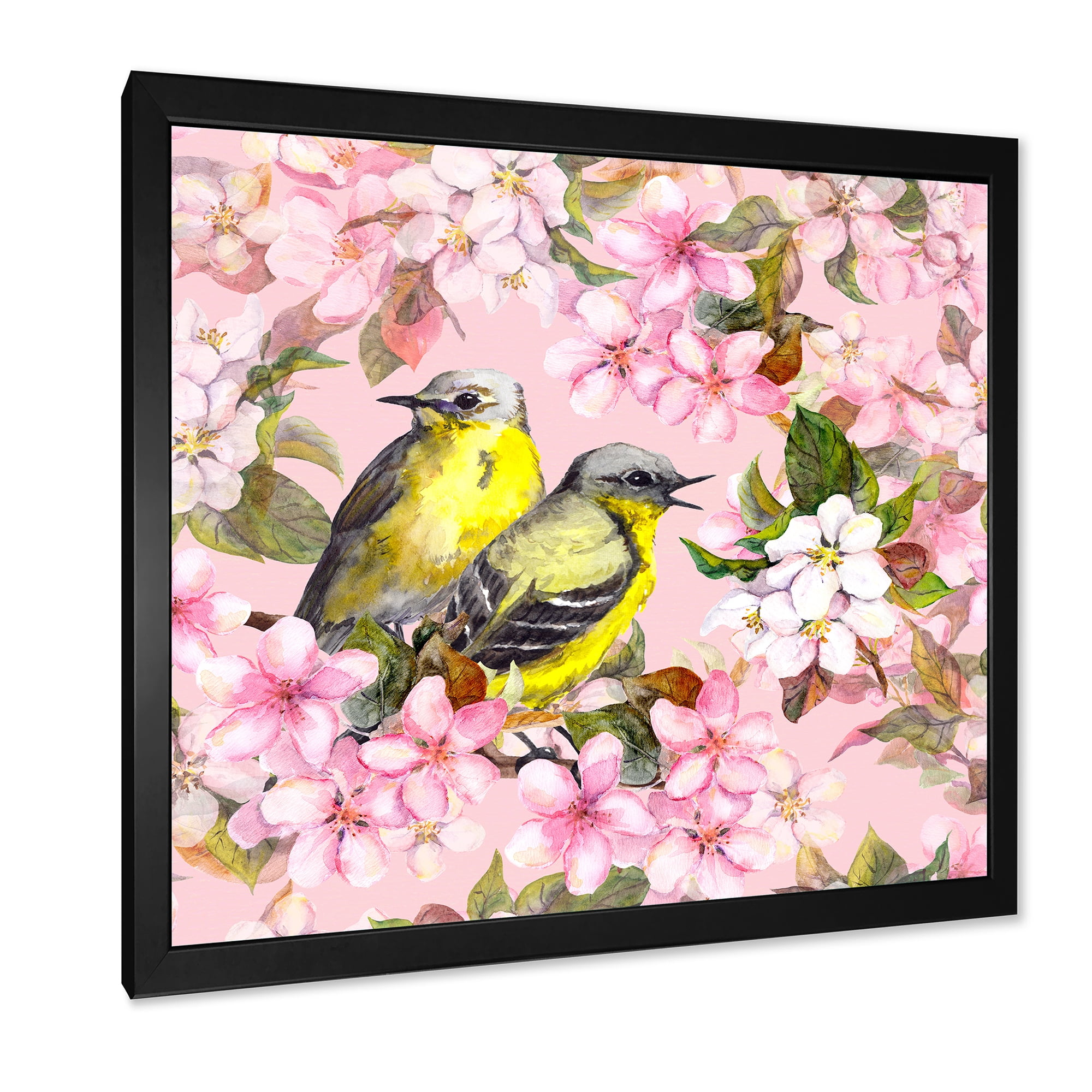 Designart 'Birds On Pink Cherry Sakura and Apple Flowers I' Traditional Framed Art Print