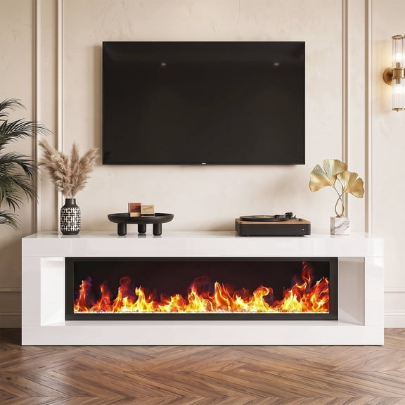 NIUEJOI Fireplace TV Stand for TVs up to 70", 63" High Gloss Entertainment Center with 47.3" Electric Fireplace for Living Room, White