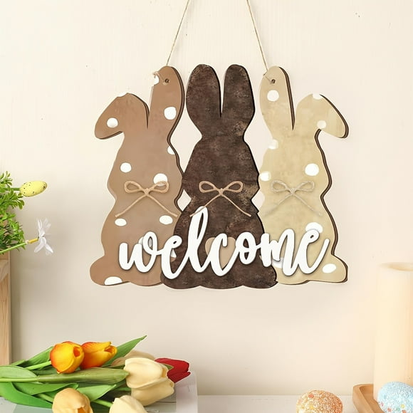 Qaailabf Easter Welcome Sign Wooden Hanging Decoration Board 2D Wall Art for Living Room Bedroom Outdoor Holiday Home Decor - Medium Density Fiberboard Easter Sign with Rope - Multicolor 30x26x0.5cm