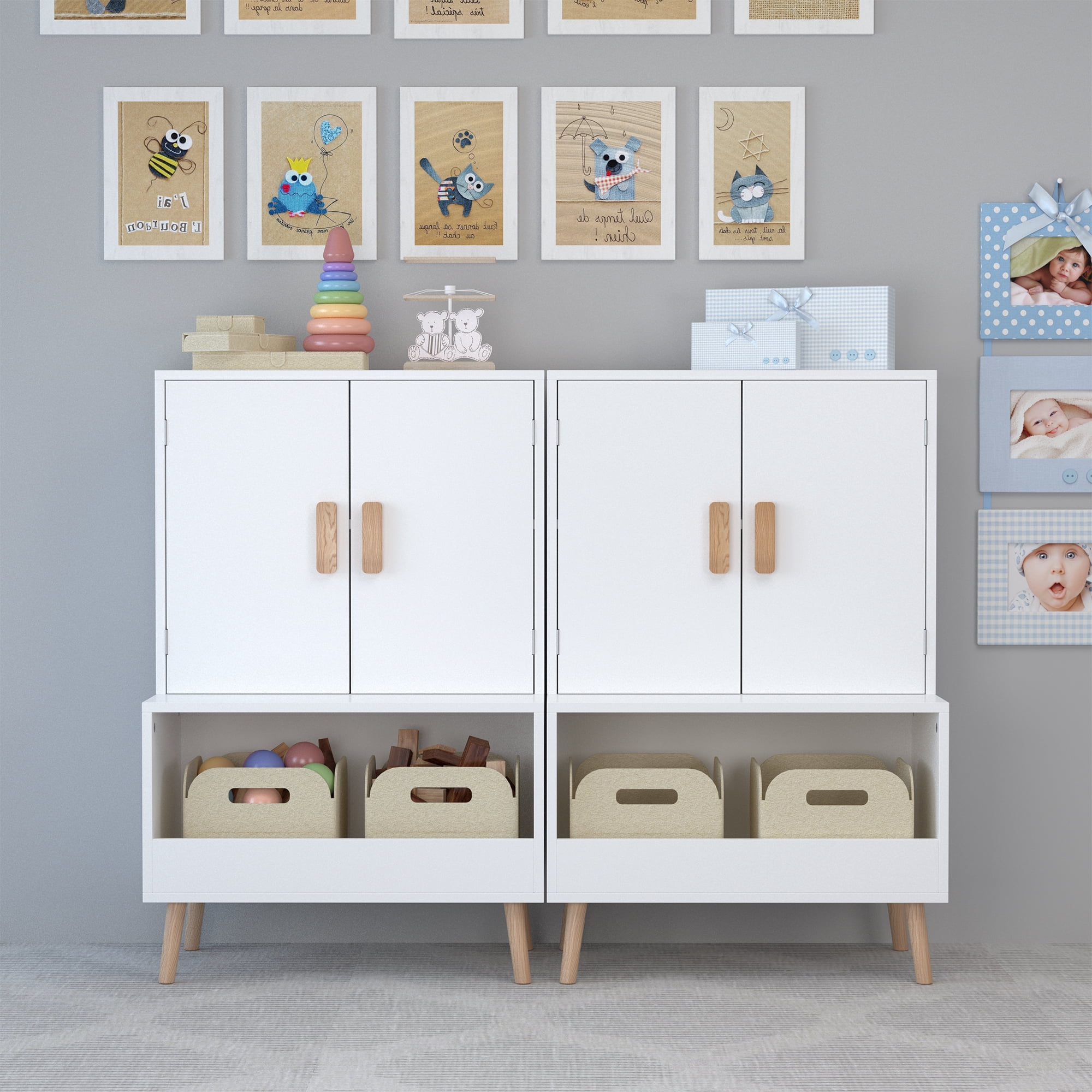 Yoneston Kids Storage Cabinet with Doors and Open Shelf, Modern Toddler Wardrobe Toys Organizer Cabinet for Nursery, Playroom, Bedroom, White