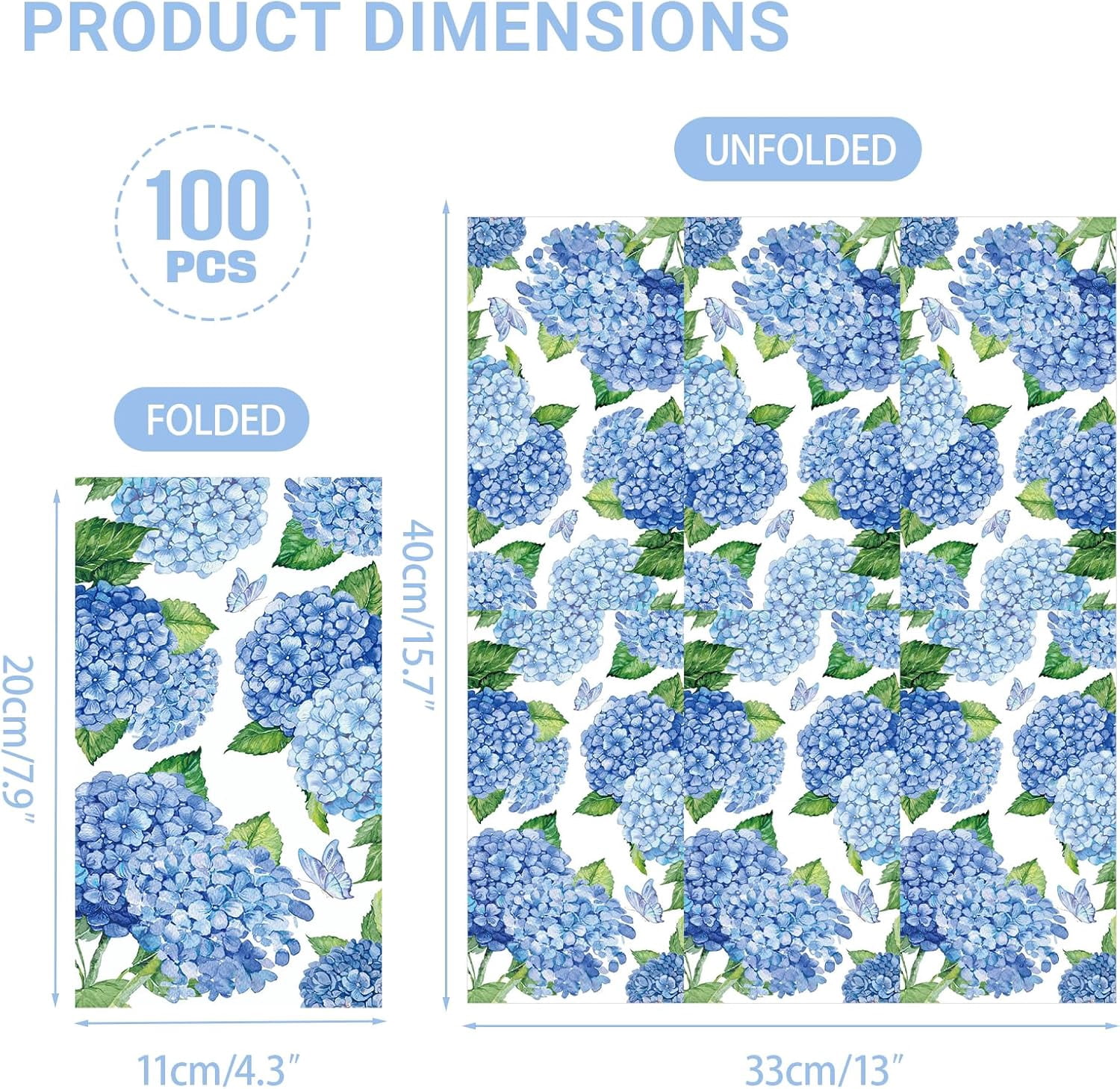 100 PCS Hydrangea Paper Napkins, Blue Hydrangea Floral Paper Napkins 3-Ply Disposable Hand Towels for Home Dinner Party Guest Napkin Wedding Spring Summer Fall Flowers Party Decorations