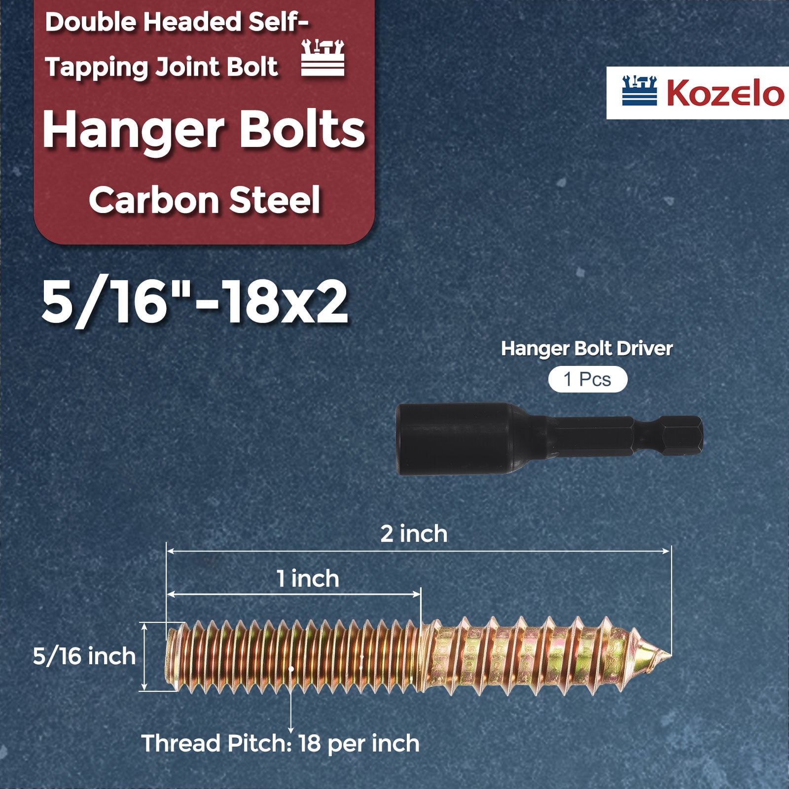 Uxcell 20pcs Hanger Bolts with Driver - [5/16"-18x2"] Double Headed Wood Dowel Self Tapping Screw Set for Furniture Repair, Dual Ended Thread Rod Joint Blot, Colored Zinc Coating