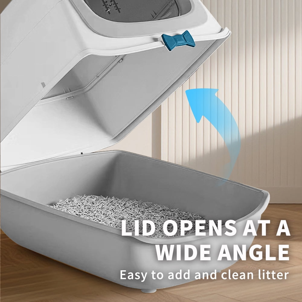 Fully Enclosed Cat Litter Box + Mat, Large Odor-Control Kitty Toilet with Flip Lid, Scoop & Anti-Tracking Pedal, Removable Design, Gray