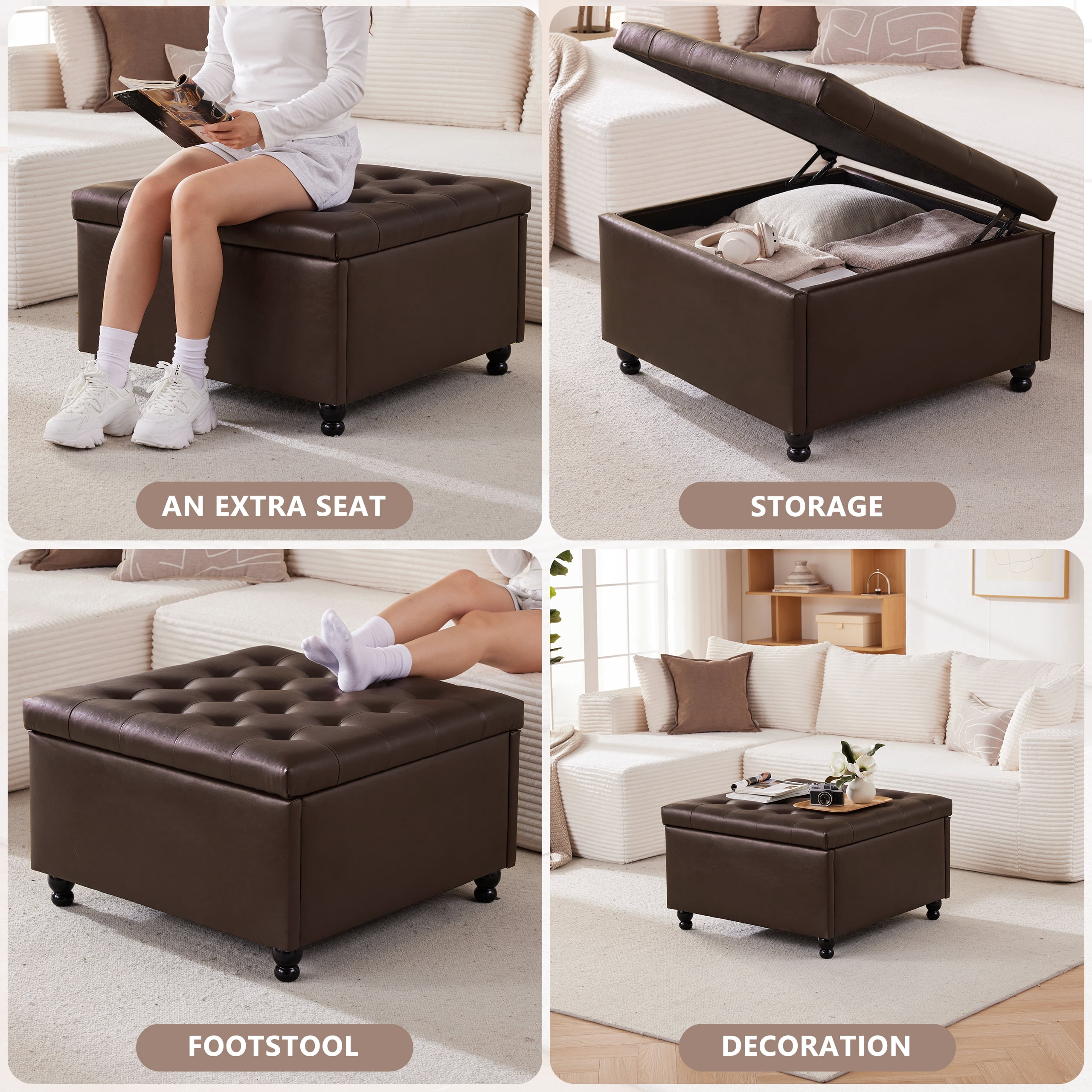 Weture Oversized Square Storage Ottoman Coffee Table, Tufted Upholstered, Leather, 29.5 Inch, Brown