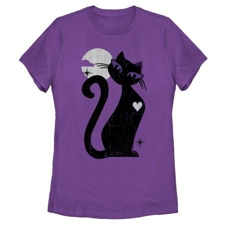 Women's Halloween Full Moon Black Cat Heart T-Shirt