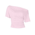 thumbnail image 4 of Rggeeun Women's T-Shirts Solid Color Off The Shoulder Square Neck Short Sleeve Loose Fit Soft Lightweight for Summer Outdoor Play Cool Tee,Pink,L, 4 of 4