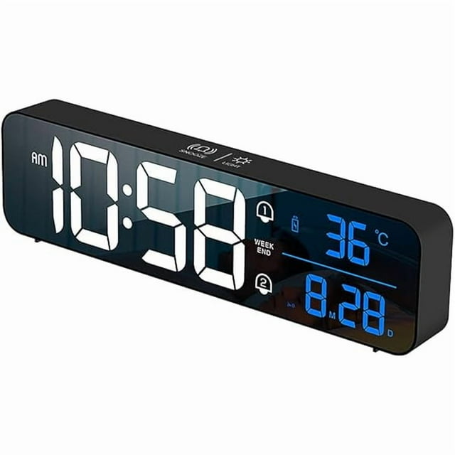 wonima02 Digital Mirror LED Alarm Clock for Bedrooms, Rechargeable Calendar Alarm Clock, Battery Powered Smart Wall Desktop Clocks with Brightness Adjustable 40 Tune Music Temperature Snooze, Black
