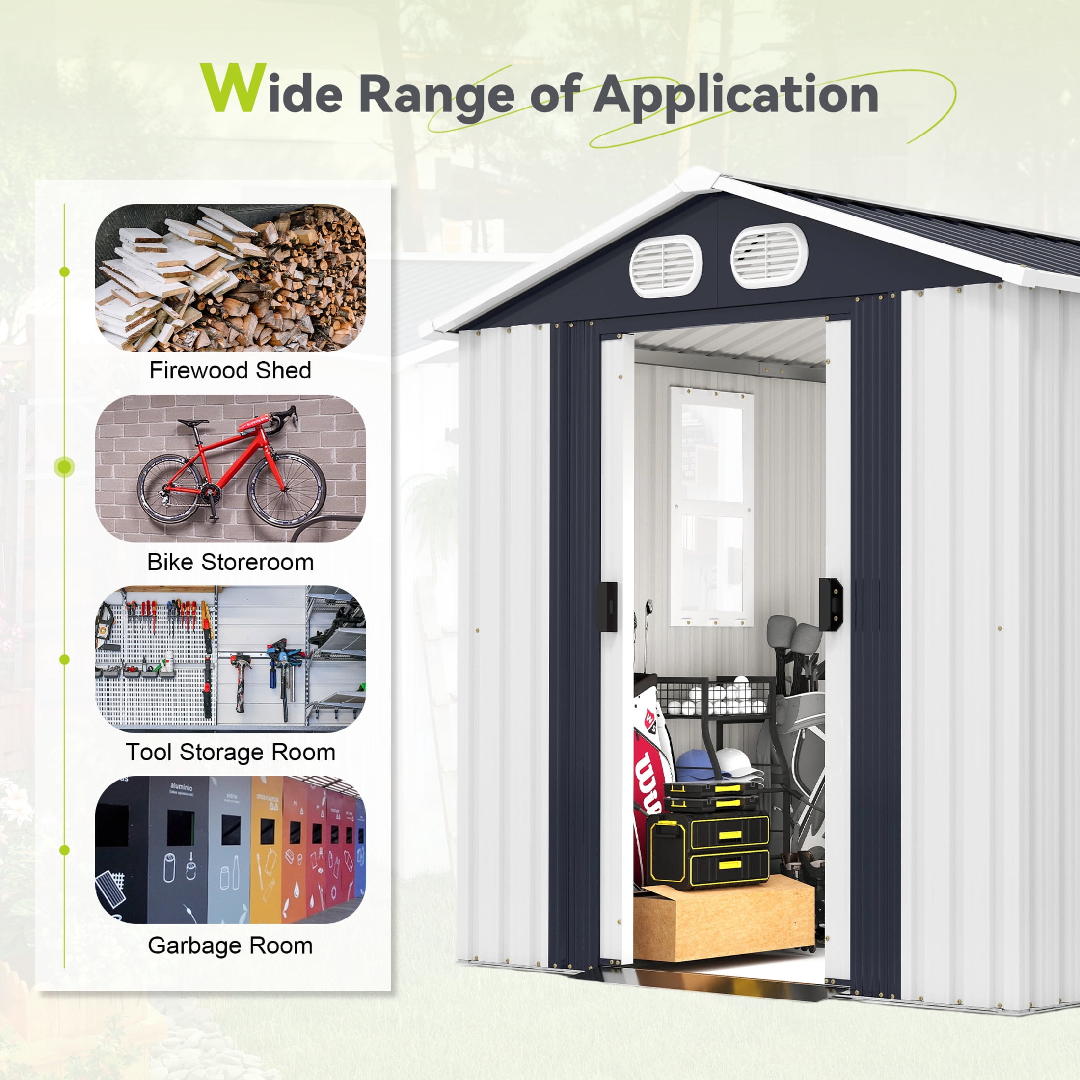 Noble House 8 x 6 FT Outdoor Metal Tool Storage Shed with Lockable Doors and Air Vents, Waterproof Garden Shed, White