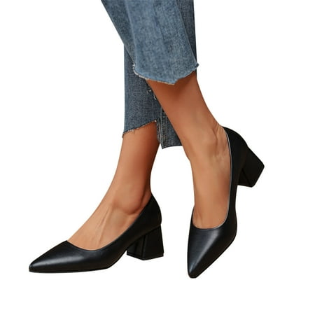 Oyedens Womens Dress Shoes Classic Black White Pointed Toe Block Mid Heels Business Office Work Pump