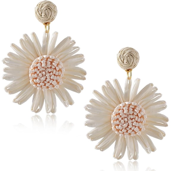 XBage Boho Raffia Flower Earrings - Cute Sunflower Raffia Rattan Drop Earrings For Women - Trendy Spring Summer Beach Vacation Jewelry Gifts (White)[Z4045]