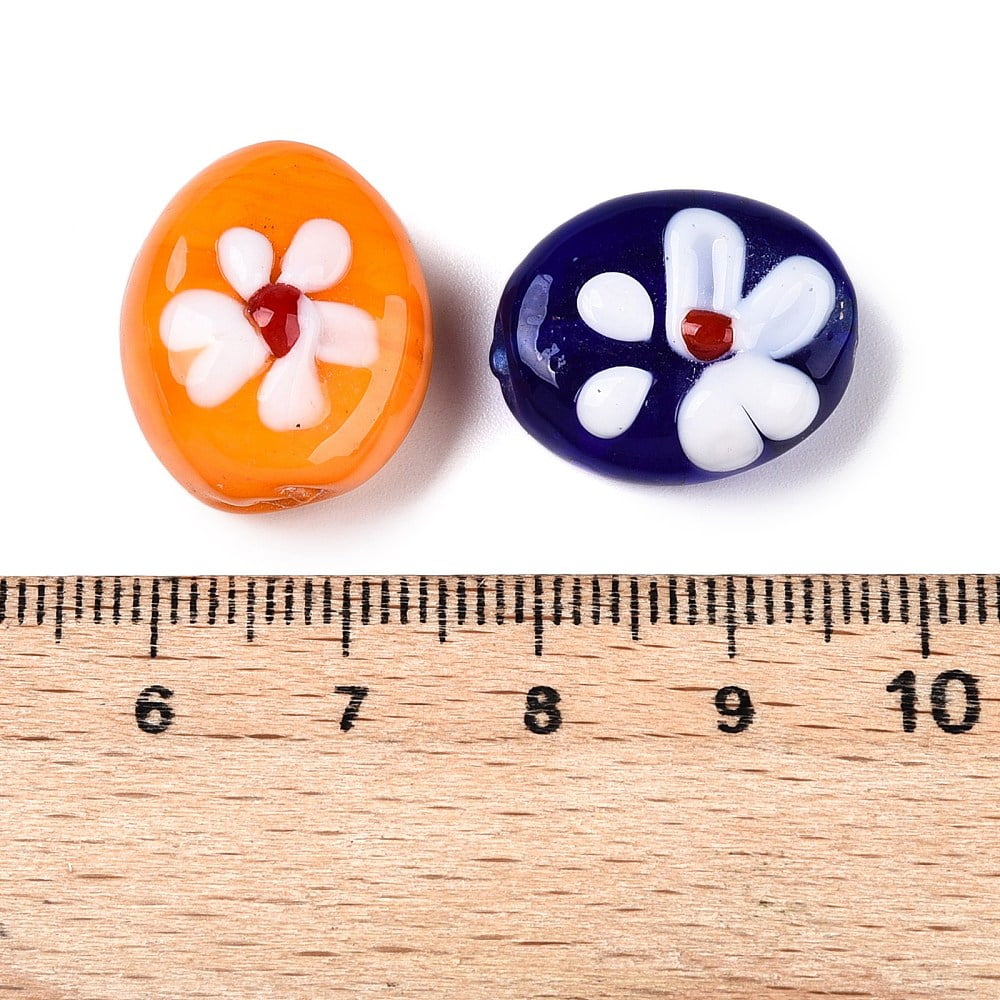 100 pc Handmade Lampwork Beads Oval with Flower Mixed color 18.5~20x15.5~16.5x7.5~10mm Hole: 1.2~1.5mm Lampwork