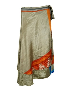 Mogul Women Beige Magic Wrap Skirt 2 Layer Printed Indian Vintage Sari Reversible Beach Wear Wrap Around Skirts