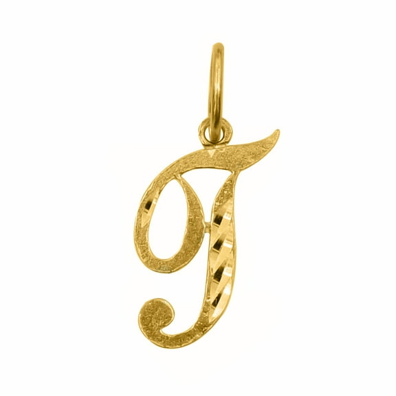 Precious Stars 14K Yellow Gold Diamond-cut Cursive Letter Unisex Initial 'T' Pendant - No Chain, Pendant Only