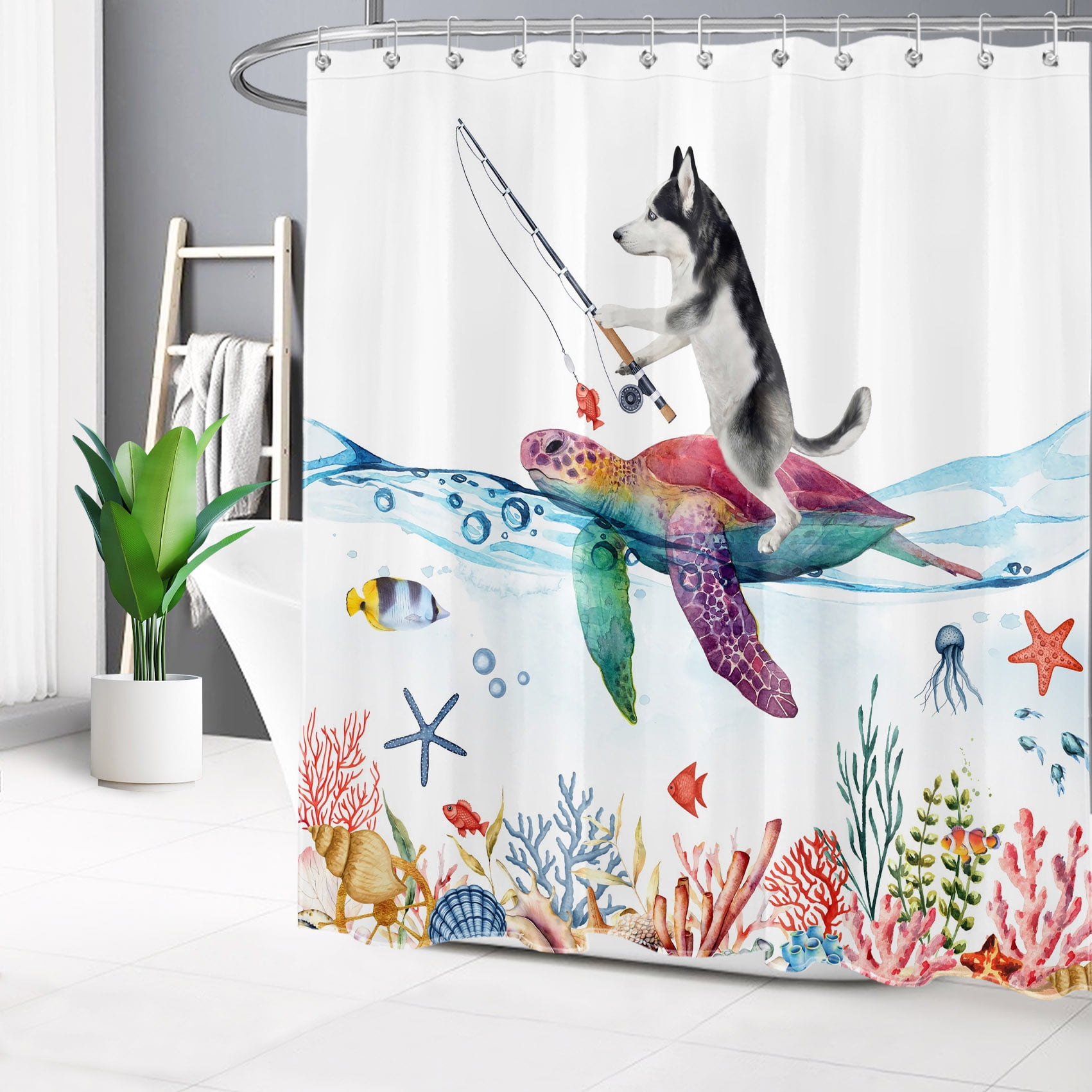 HVEST Funny Animal Shower Curtain Turtle and Dog in The Ocean Bathroom