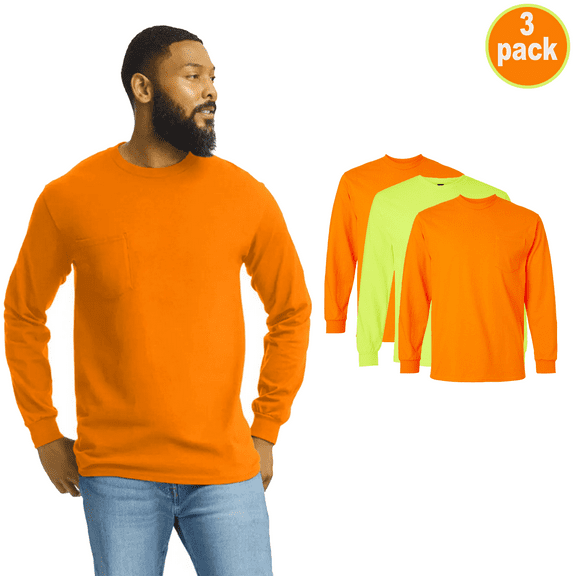 Gildan Men's Safety Pocket Long Sleeve T-Shirt, High-Visibility Workwear Shirt, Pack 3, S