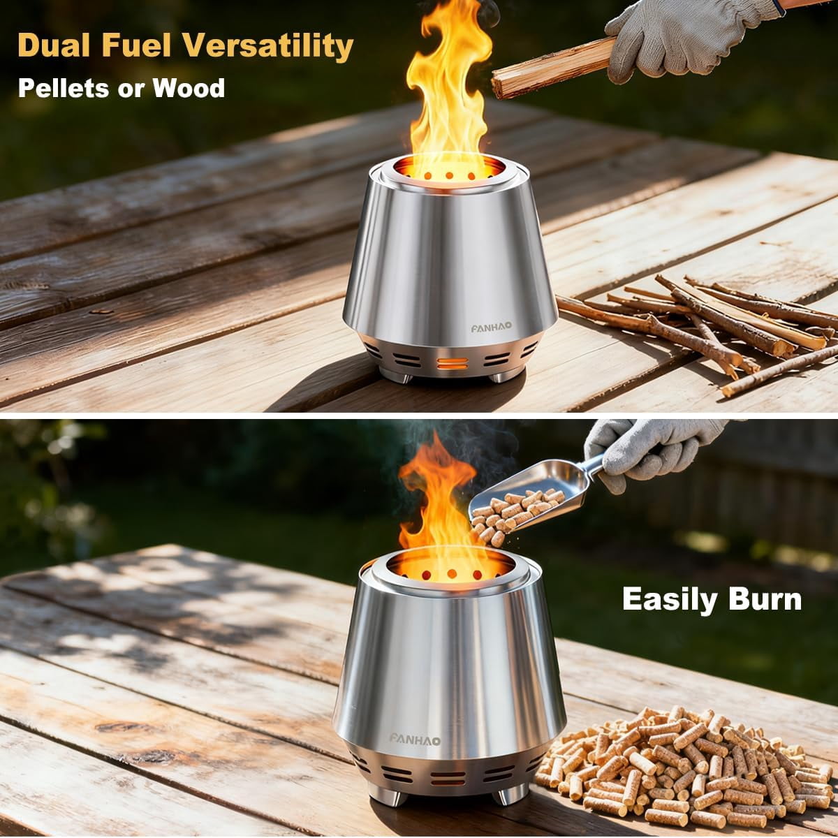FANHAO Smokeless Fire Pit 21'' for Camping, Stainless Steel Firepit with Stand, Wood Burning or Pellet Fueled